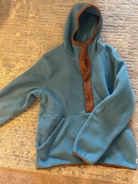 North Face Mens Hooded Fleece Pullover Snap Front Teal Brown Carbondale  Large